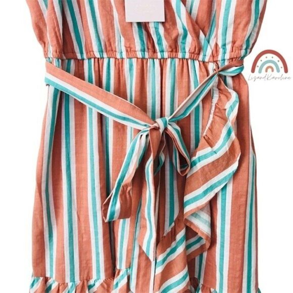 New! Lauren Conrad Faux Wrap Bohemian Stripes Ruffle Hem Mini Dress - Picture 6 of 11